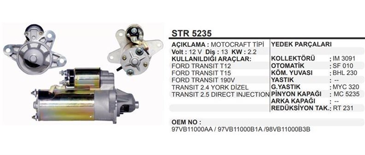 Marş Motoru 12v 13diş 1.2kw Ford Transit T15 2.5 | Ith Str5235