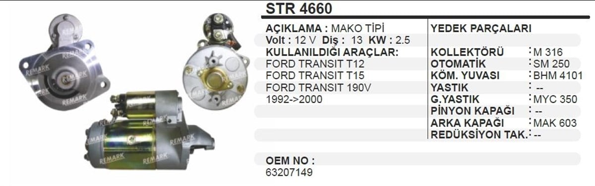 Marş Motoru 12v 13diş 2,5 Kw Mako Ford Transit Str4660 | Dodo Str4660