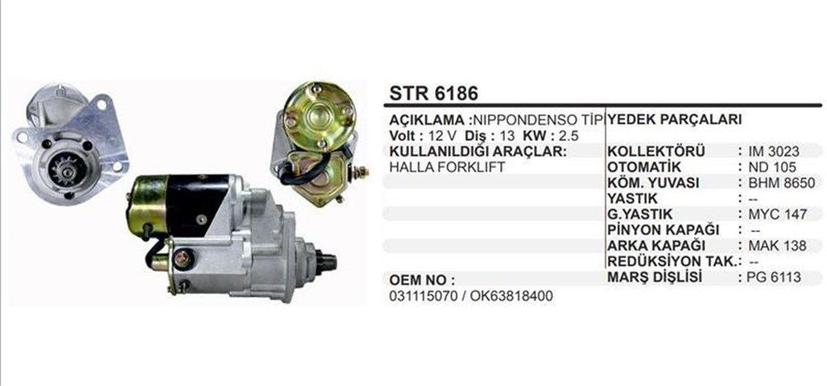 Marş Motoru 12v 13diş N.denso Halla Forklift Hyundai / Kia Forklift | Remark Str6186
