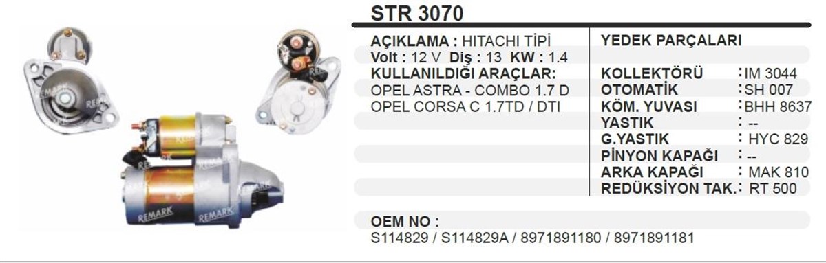 Marş Motoru 12v 13diş Opel Astra Combo Corsa | Ith Str3070