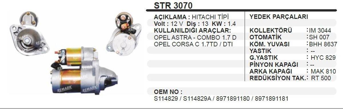 Marş Motoru 12v 13diş Opel Astra Combo Corsa Str3070 | Martek Str3070