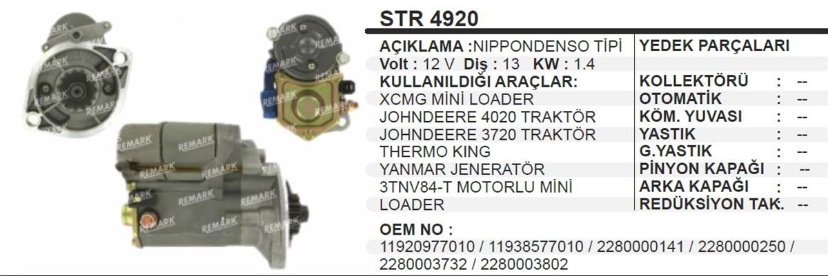 Marş Motoru 12v 13diş Yanmar Termoking Johndeere Traktör Thermoking Jeneratör Mini Loader Kepçe Johndeere Johndere | Ith Str4920