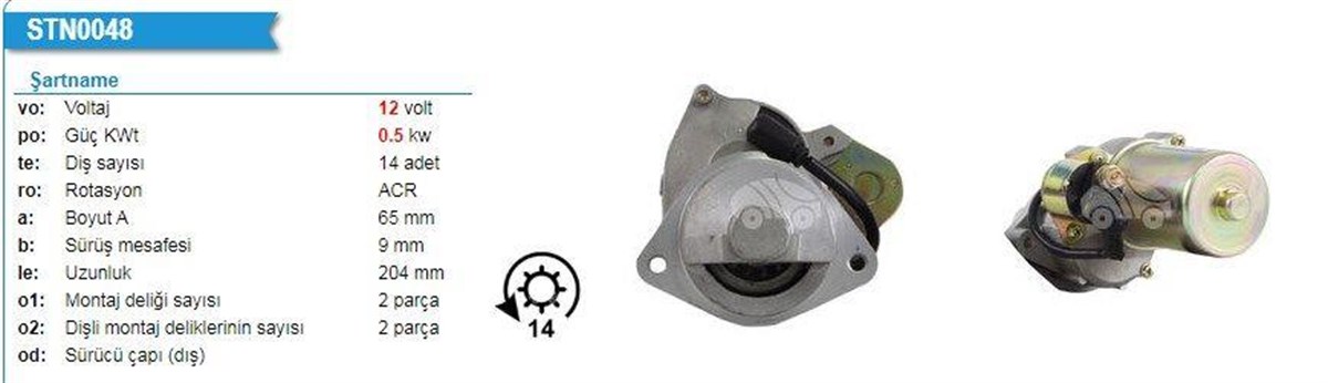 Marş Motoru 12v 14diş Ters Jeneratör 182f/188f Solax Jenaratör 0,5kw | Waı 18513n