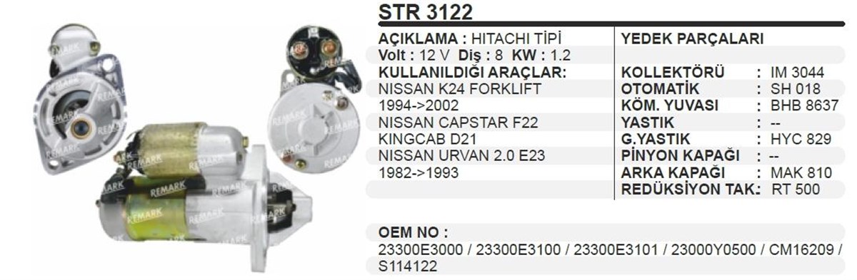 Marş Motoru 12v 8diş 1.4 Kw Nissan Nıssan Ka24 Forklift | Ith Str3122