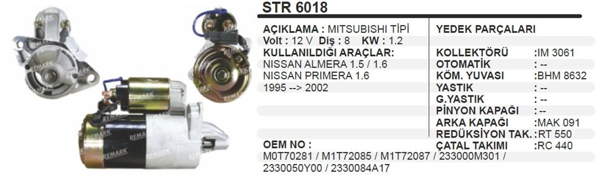 Marş Motoru 12v 8diş 1,2 Kw Nissan Almera Prımera Nissan Primera | Aes Str6018
