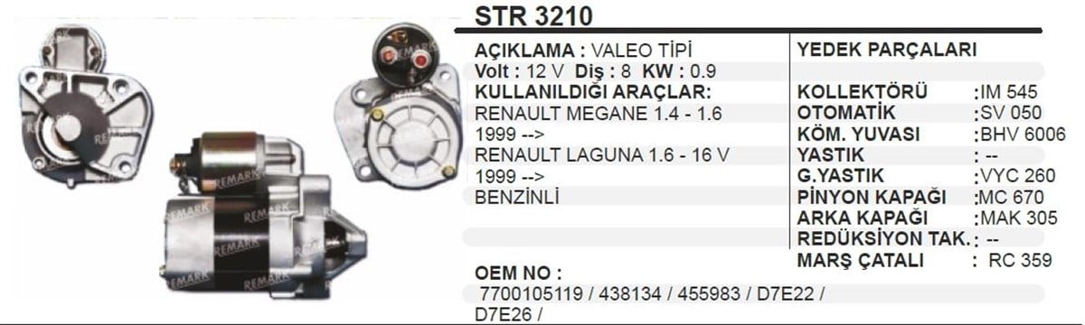 Marş Motoru 12v 8diş Clio Megan2 Dacia R19 Str3210 | Dodo Str3210