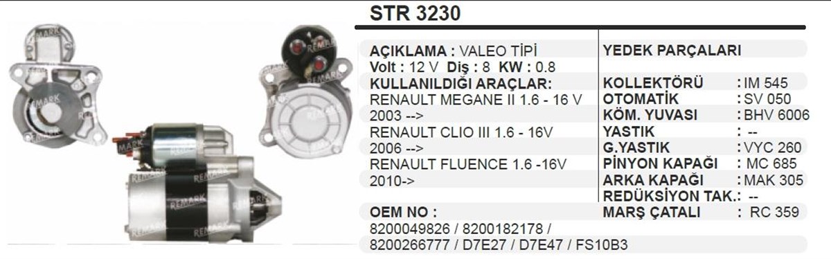 Marş Motoru 12v 8diş Clio3 Megan2 06 Str3230 | Martek Str3230