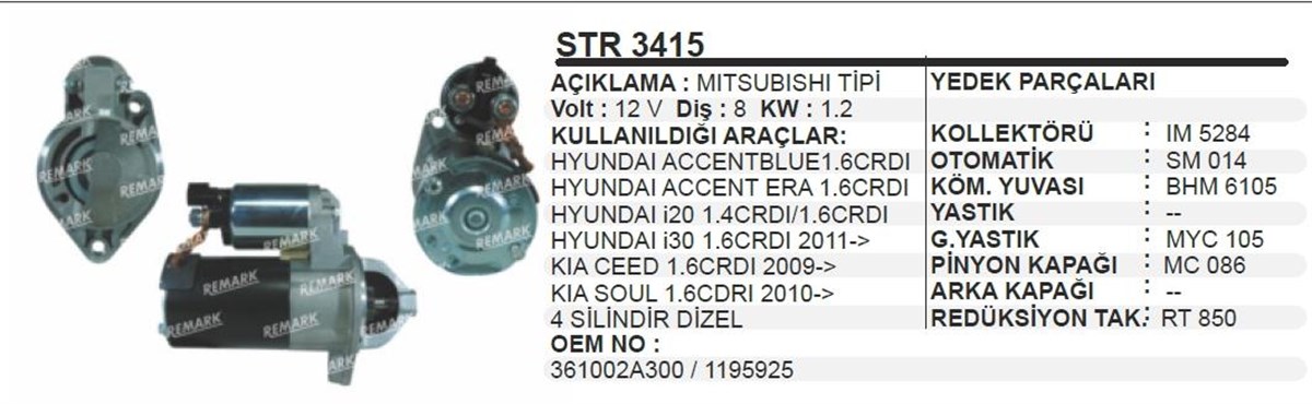 Marş Motoru 12v 8diş Hyundai Accent Getz Era Kia Ceed Soul | Aes Str3415