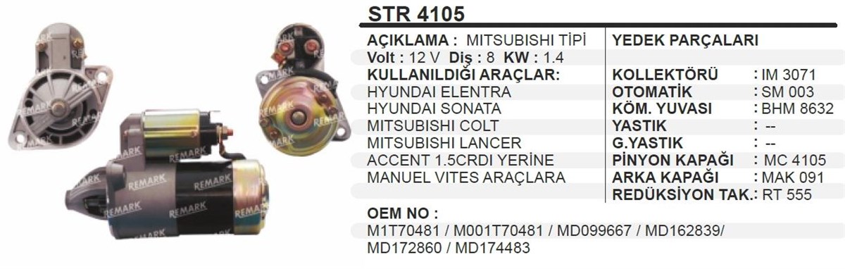 Marş Motoru 12v 8diş Hyundai Elentra Sonata Sonato Mıtsubıshı Colt Lancer Accent 1.5crdı Yerine Manuel Vites Araçlara Pajero | Aes Str4105