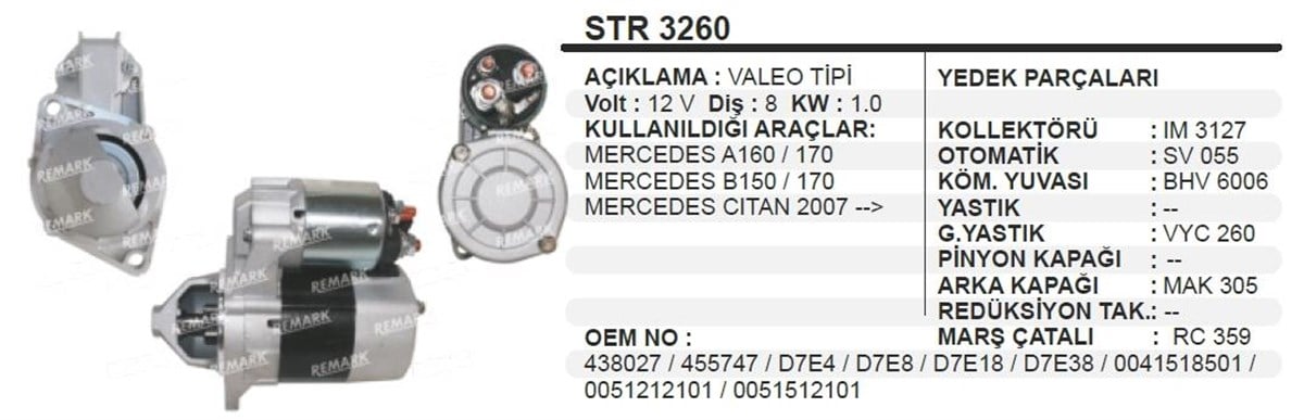 Marş Motoru 12v 8diş Mercedes A160 A170 Vaneo 1.6 D7e | Bypart Umm3278