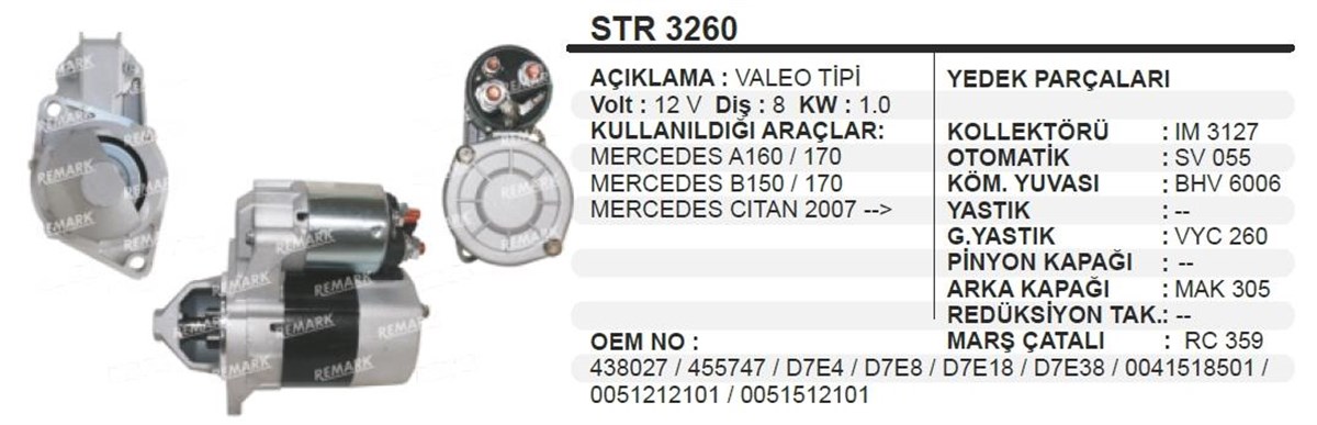 Marş Motoru 12v 8diş Mercedes A160 A170 Vaneo 1.6 D7e | Orjrev Str3260