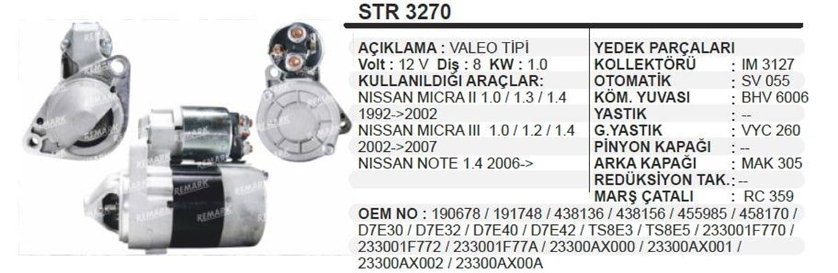 Marş Motoru 12v 8diş Nissan Micra Note D7e40 | Mando Mee015022