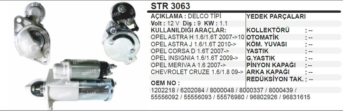 Marş Motoru 12v 9dis 1.2 Kw Delco Tip Opel Astra G H J İnsignia 1.6 04- Chevrolet Cruze 1.6 09- | Wınwın Str3063
