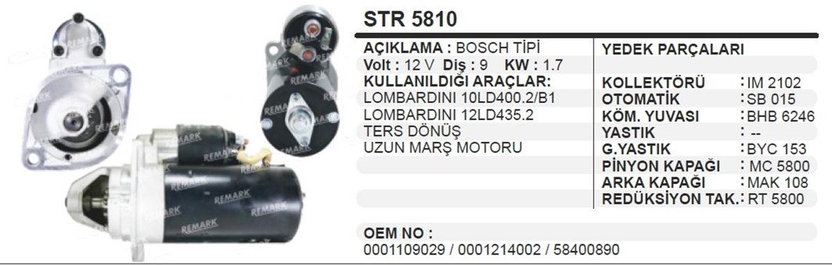 Marş Motoru 12v 9diş 1.7kw Ters Lombardin Pancar Str5810 Uzun Tip | Ith Str5810