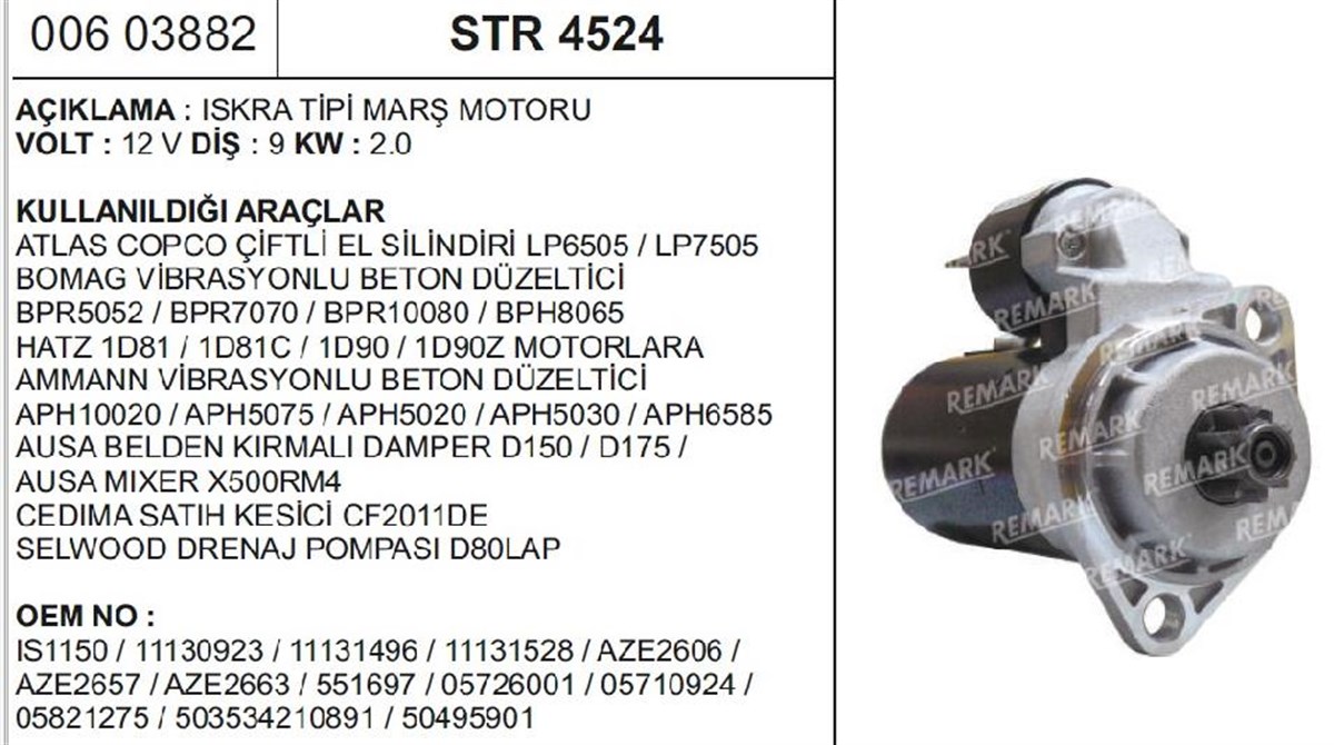 Marş Motoru 12v 9diş 2 Kw Iskra Tıp Atlas / Bomang / Hatz Is1150 | Remark Str4524