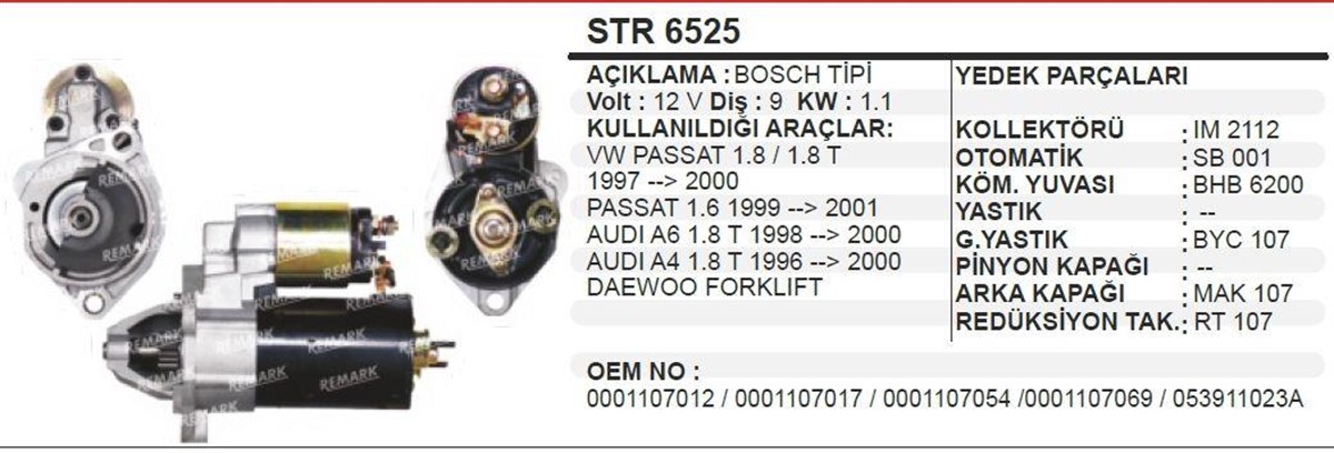 Marş Motoru 12v 9diş (revizyon) Audi 80 100 A4 Str6525 | Orj Bosch0001014115