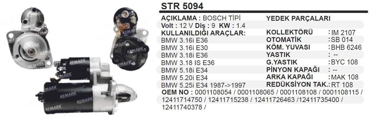 Marş Motoru 12v 9diş Bmw 3-5 Seri 2kulakbosch-0001107442 1986s00674 Str5094 Umm3371 Str2104 | Ith Str2104