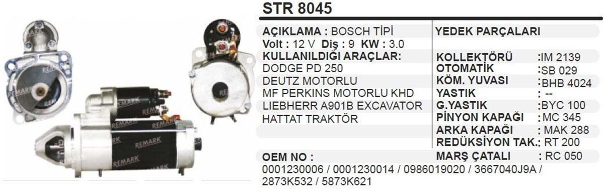 Marş Motoru 12v 9diş Cargo Doç As250 Magirus Atlas Copco Claas Bomag Deutz Ag Khd Same Fendt Is1254 Volvo Kepçe | Martek Str8045