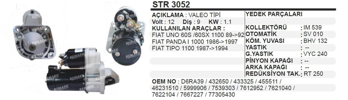 Marş Motoru 12v 9diş D6r Fiat Uno 60s 60sx Panda | Remark Str3052