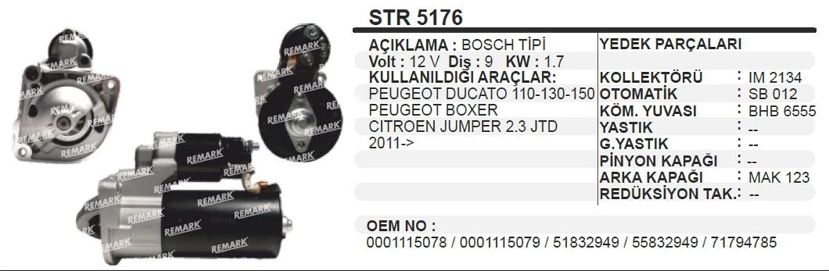 Marş Motoru 12v 9diş Ducato Boxer 2011 Otokar Jest Fıat Ducato-boxer 2,3jtd 11- | Ith Str5176
