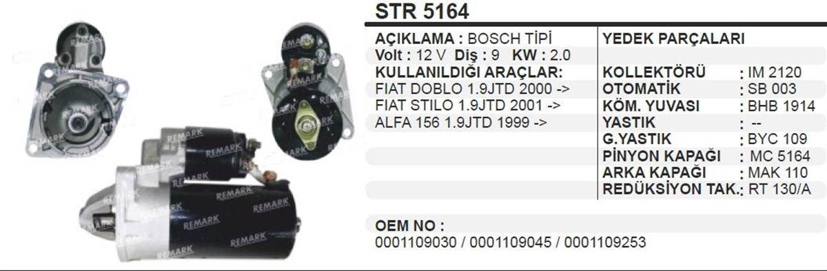 Marş Motoru 12v 9diş Fıat Doblo 1.9 Marea Brava Stilo 1.9 Alfa 1.9 | Wınwın Str5164