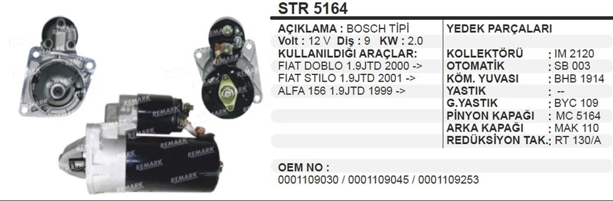 Marş Motoru 12v 9diş Fıat Doblo 1.9 Marea Brava Stilo 1.9 Alfa 1.9 | Aes Str5164