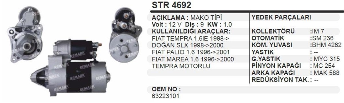 Marş Motoru 12v 9diş Fıat Tempra Dogan Slx Palio Marea Str3101 Str4692 63223101 (sekmansız Kollektör) | Schenna Str3101