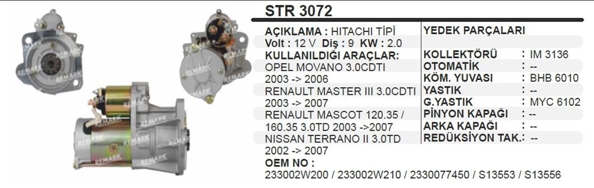 Marş Motoru 12v 9diş Hitachi Tip Opel Movano Renault Master Mascot Nıssan Terrano | Remark Str3072