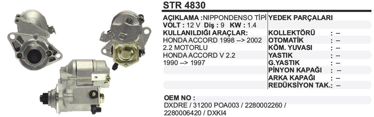 Marş Motoru 12v 9diş Honda Accord 90-02 1,4kw Sm40204 2280002260 2280006420 Denso1280007460, 2280006680 | Remark Str4830
