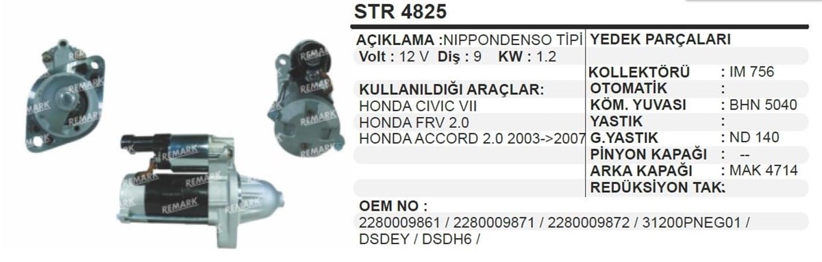 Marş Motoru 12v 9diş Honda Cıvıc Accord İes 1.6 (flans 75 Dıslı Capı 26.5 Saplama 104 Sm Str4825 | Aes Str4825