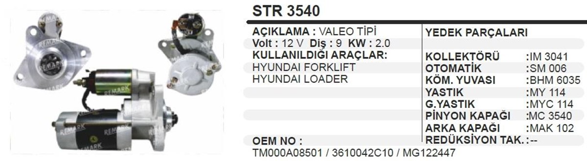 Marş Motoru 12v 9diş Hyundai Forklift Loader | Remark Str3540