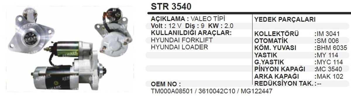 Marş Motoru 12v 9diş Hyundai Forklift Loader | Remark Str3540