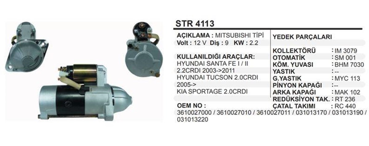 Marş Motoru 12v 9diş Hyundai Santafe Kia Cerato Tuscon Sportage | Remark Str4113