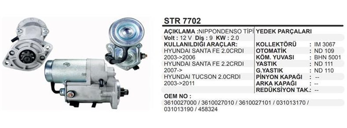 Marş Motoru 12v 9diş Hyundai Santafe Kia Cerato Tuscon Sportage | Martek Str7702