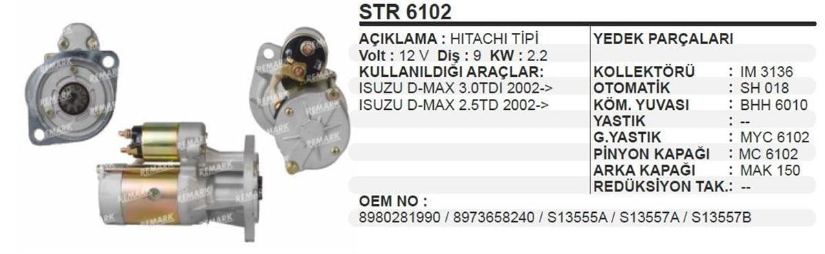 Marş Motoru 12v 9diş Isuzu Dmax 2,5 Tdı 3.0 Tdi | Dodo Str6102