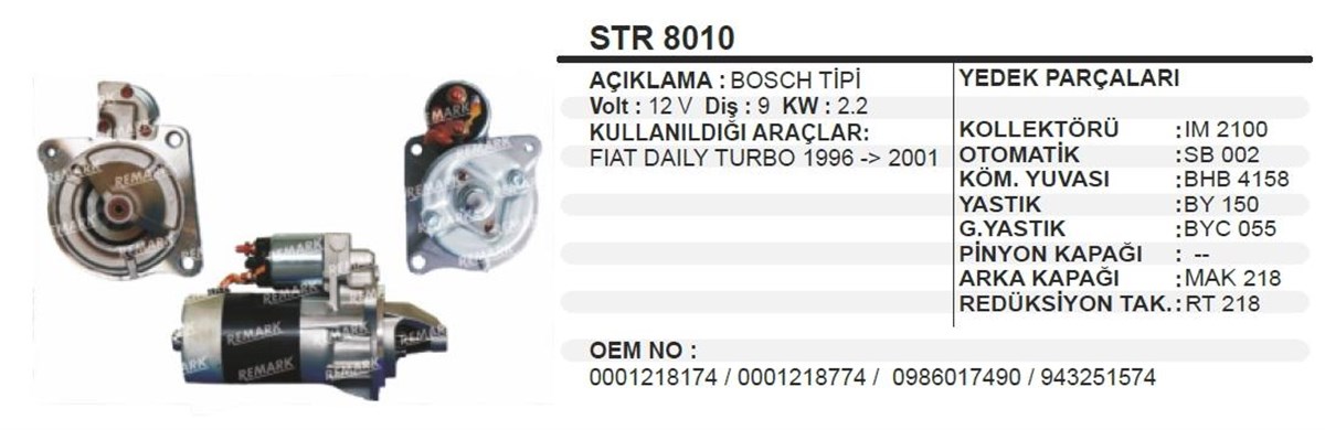 Marş Motoru 12v 9diş İveco Daily Str8010 0001218174 1986s00738 | Remark Str8010