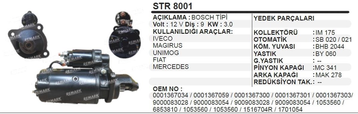 Marş Motoru 12v 9diş Iveco Unımog Magırus Mercedes Fıat Str8001 | Aes Str8001