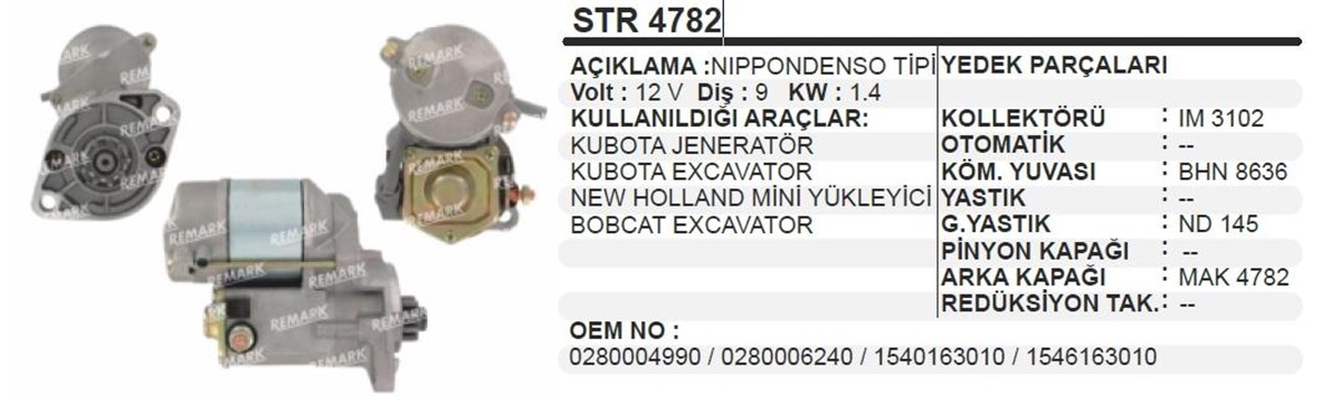 Marş Motoru 12v 9diş Jenaratör Excavatör Kubota Newholland Yükleyici Thermoking Excavatör Bobcat Mini Yükleyici | Aes Str4782