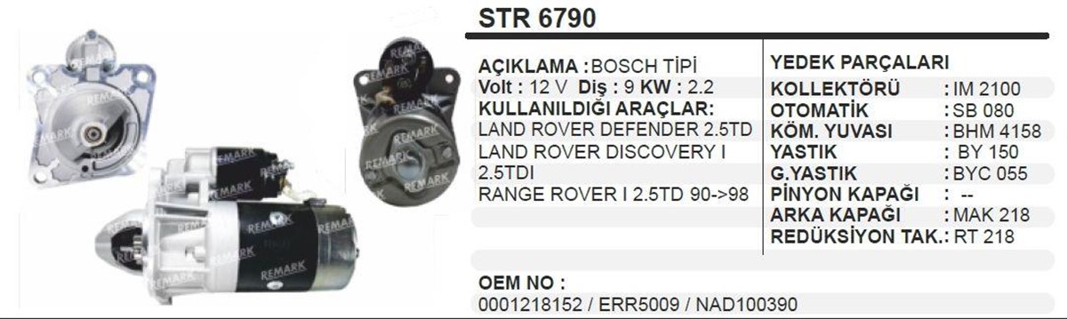 Marş Motoru 12v 9diş Land Rover Ranger Land Rover Defender 2.5 Td Range Rover I Dıscovery I Cw Mb Sp | Wınwın Str6790