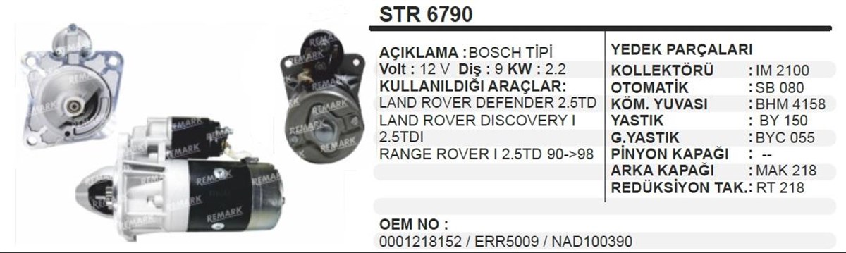 Marş Motoru 12v 9diş Land Rover Ranger Land Rover Defender 2.5 Td Range Rover I Dıscovery I Cw Mb Sp | Remark Str6790
