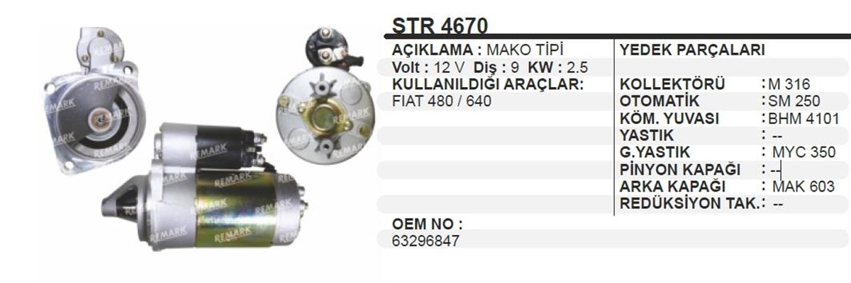 Marş Motoru 12v 9diş Fiat Traktör 450 480 480s 54c 640 55/46 Deutz Chrysler Pd250 Dodge Fargo Traktör Str4670 Str7126 63217126 | Martek Str4670