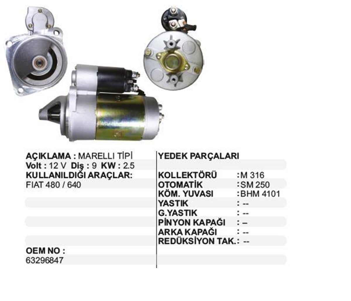 Marş Motoru 12v 9diş 2.5kw Fıat 480 Fiat Td Serisi (otomatik Uçları Uzun) 63207159 | Mako 63207159