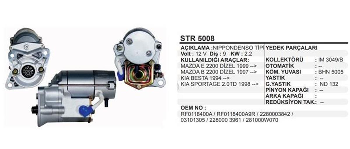 Marş Motoru 12v 9diş Mazda E2200 Kia Besta Ym Dış Saplama Str5008 Str5005 | Martek Str5008