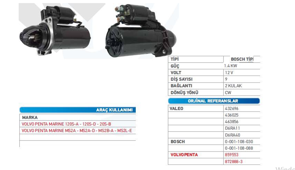 Marş Motoru 12v 9diş Mercedes 190e 200e 2.3 1985-1993 Benzinli Volvo 780 940 1981-1992 Volvo Penta Marine 2001 -> | Wutse Str17315
