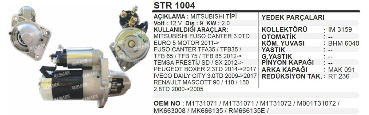 Marş Motoru 12v 9diş Mıtsubıshı Tıp Fuso Canter Y.m Fce81 / Feb71 / 4p10t4fec Motor Euro 5 Motor (m1t31073) Str1004 | Aes Str1004