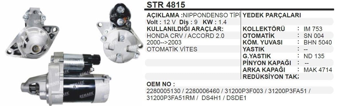 Marş Motoru 12v 9diş Nippon Denso Honda Crv | Bypart Emm3316