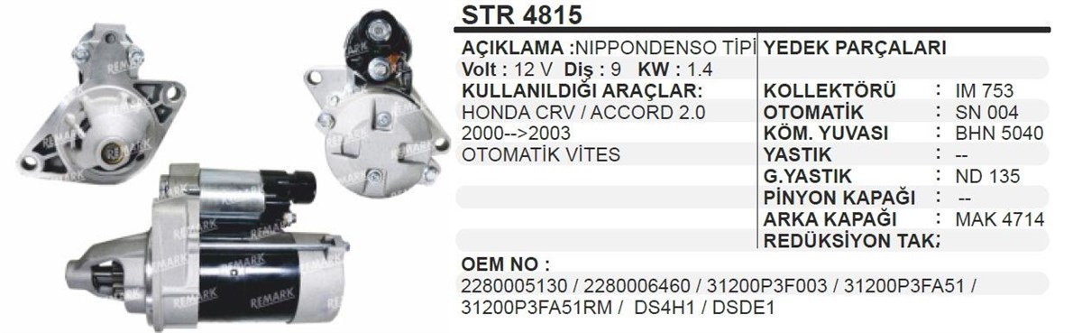 Marş Motoru 12v 9diş Nippon Denso Honda Crv | Bypart Emm3316