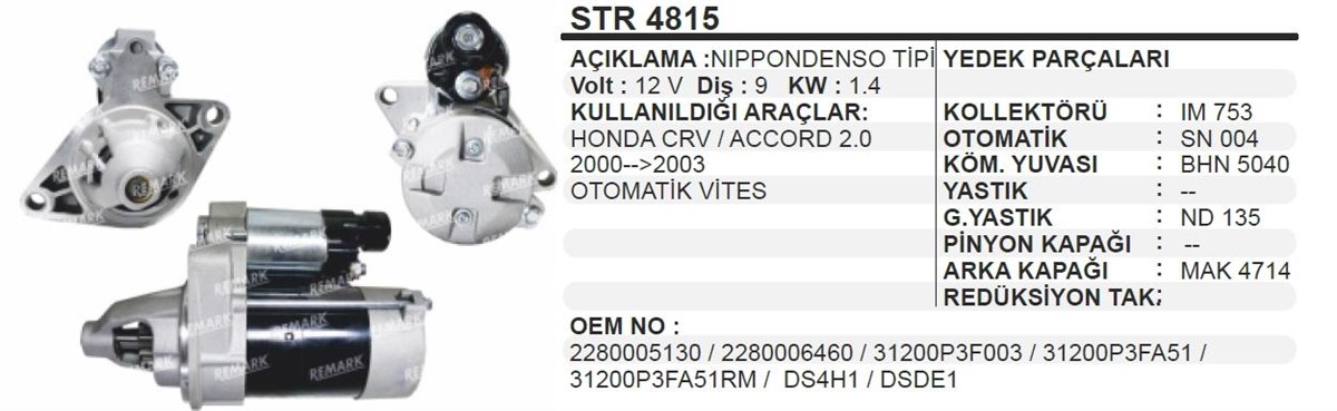 Marş Motoru 12v 9diş Nippon Denso Honda Crv | Ith Str4815