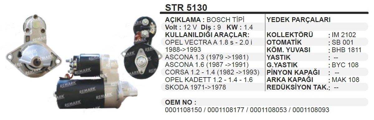 Marş Motoru 12v 9diş Opel Skoda Vectra A Ascona Corsa Opel Kadett | Ith Str5130