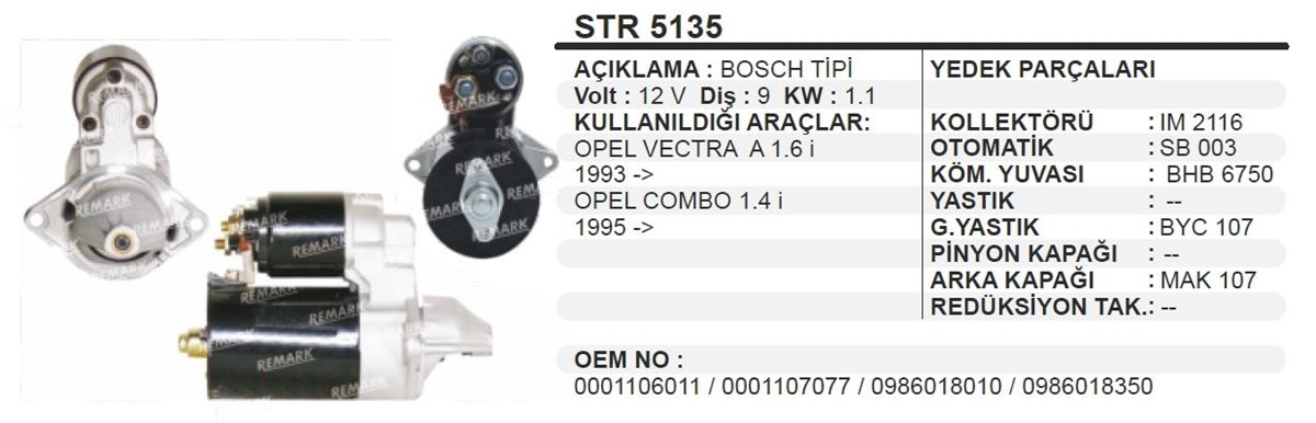 Marş Motoru 12v 9diş Opel Vectra A Combo | Typer Str10bos0004